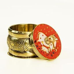 Putrika Brass Box Pooja |Puja|Roli|Chawal |Chandan| Haldi|Kumkum Poja Box|Sindoor|Turmeric|Dabbi|Dibbi|Dhani|Dani Lid Holder|kukuma Chimizhil| Gomatha Design Lid (25g, 4.5x4 cm) (Red)-image-95