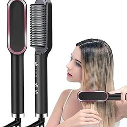DFF Hair Straightener Brush,Sleek Sweep Ionic Straightening Brush with 6 Temperature Adjust, Anti-Scald Ceramic Hair Straightener Comb Fast Heating for Home Salon, Dual Voltage (Color Assorted)-26