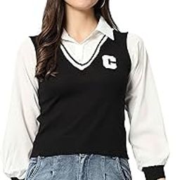 Women's Preppy Style Ribbed Knitted Puff Long-Sleeve Fake Two-Piece Polo Collar T-Shirts Top Vest Sweater DN112 (One Size Fit XS-S-M) (in, Alpha, Free Size, Regular, 1, Black)-image-103