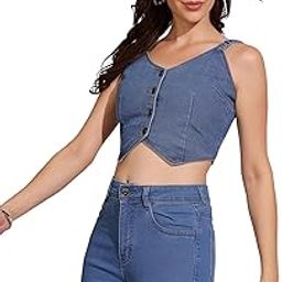 dolce crudo Women's Mid V Neck Elasticated Straps Sleeve Waistcoat-Styled Cropped Denim Top-picture-4
