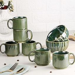 The Earth Store Green Ceramic Snack Bowl & Tea Cup Combo | Set of 2 Bowls 500ML & 6 Tea Cups 160ML | Microwave & Dishwasher Safe Bowl Combo Set | Multipurpose Combo for Tea, Coffee, Snacks, Gifting-image-50