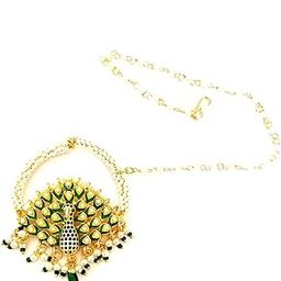 Traditional Gold-Plated Nath, Peacock Design with CZ Stones, Pearl Chain, 20 cm, Green-image-40