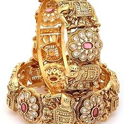 18k Gold Plated Temple Jewellery Bangles for Women | Set of 2 Bangles Set | Latest Stylish Traditional Kada Bangles | Just Like Real Gold Jewellery-18