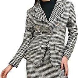 Women's Houndstooth Design Double Breasted Woollen Blazer/Coat with Fringes and Woollen Skirt Set/Co-ord Set-28