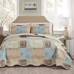 Masterplay 3-Piece Fine Printed Oversize (100" X 95") Quilt Set, Bedspread Coverlet Queen Size Bed Cover (Light Blue, Beige, Brown Floral)-picture-7