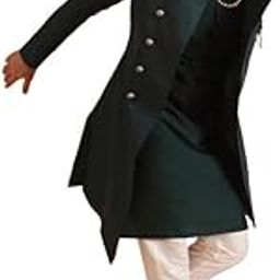 Men's Kurta Indo-Western Sherwani Trouser Set, Green Cotton Blend, Solid Dyed Regular Fit Mandarin Collar Long Sleeves-image-55