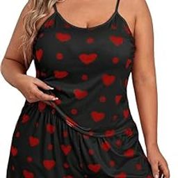 Plus Size Heart Print Pajama Set, Spaghetti Strap Cami Top with Shorts, Black and Red-image-10