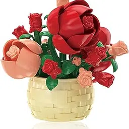 Flowers Building Blocks for Lego Flower, Creative Project for Desk and Flower Stand Decor, Perfect for Boys and Girls Includes Hibiscus Flower and Ladybug Figurine (Sunflower Basket (Red Rose (B))-image-9