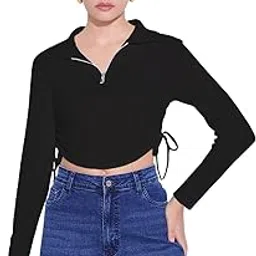 showoffff SHOWOFF Basic Women's Solid Black Shirt Collar Crop Top-CHN-3673_Black-picture-42