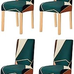 KRISHYAM® Polyester Spandex Printed Chair Cover Stretch Removable Washable Short Elastic Stretchable Dining Chair Cover Universal Protector Seat Slipcover, (GREEN PEACH GEOMETRIC, 4 Chair Cover)-image-98