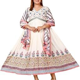 Woman Printed Cotton Blend Embroidary Gown Dupatta Set ||Floral Print Long Anarkali Gown with Full Sleeves for Party and Casual wear-picture-3