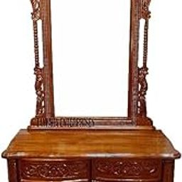 MUSKAN Arts Teak Wood Dressing Table for Bedroom | Antique Disign 2 Drawers + 2 Doors with 2 Shelves Storage Without Mirror Frame & Beautiful Hand Carving (30 * 20 * 81 Inch) (Brown Finish)-picture-25