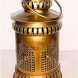 Vintage Moroccan Style Decorative Lantern, Brass Finish, Metal Construction with Lattice Design, 18x10x12 cm (Antique Golden, Medium)-image-2