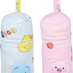 THE LITTLE LOOKERS Soft Plush Stretchable Baby Feeding Bottle Cover with Easy to Hold Strap (Zip Closure 330ml/11oz, Pink & Blue)-13