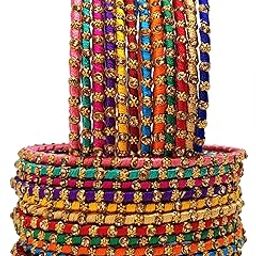 Multicolored Metal bangles/kada Set wrapped in Silk Thread & golden dots for Women & Girls (24 Pcs)-picture-25