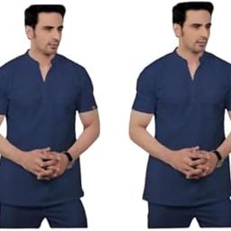 Stretchable Male Navy Blue Mandarin Neck t-shirt With Straight Pant Set(PACK OF 2)-image-11