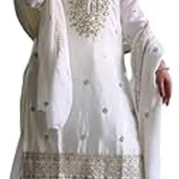 Women's Chinnon Silk Embroidery & Sequence Work Straight Kurta with Sharara & Dupatta Set-image-81