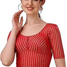 Round Neck Cotton Lycra Stretchable Elbow Sleeves Readymade Saree Blouse for Women Stylish-image-33