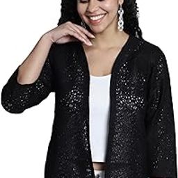 Women Front Open | Cotton Self Designed 3/4th Sleeves Blazer Shrug 6XL Black-17