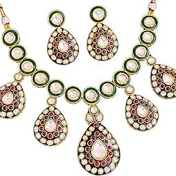 Traditional Indian Kundan Necklace Set with Earrings, Green Enamel and Ruby Red Stones-image-26