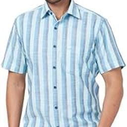 Men's Regular Fit Stripe Pattern Pure Cotton Plain Collar Half Sleeve Casual Shirt-image-74