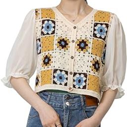 Women's Boho Knit V-Neck Crochet Hollow Out Puff Sleeve Crop Top Shirt (One Size Fit Bust 30-34 Inch)-image-81
