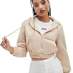 Basic Solid Cropped Zipper Hoodie for Women-image-50