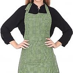 GLUN® Waterproof Unisex Kitchen Apron with Center Pocket and Adjustable Neck Belt with Metal Buckle (PACK OF 1) (Green Check)-11