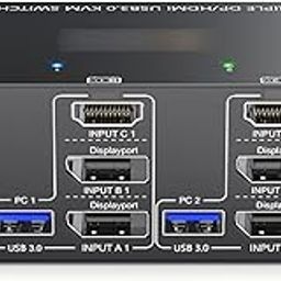 KVM Switch, USB3.0 KVM Switch 3 Monitor Outputs Extension, Video Wall Display Easy Switching, Smooth Image, Black Metal (Black #AU)-image-81