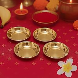 Ekhasa Pure Brass Thali for Pooja | Small Multipurpose Prasadam Plates for Pooja | Brass Plate for Prasad | Pooja Items Peetal Plate (Set of 4) | Pital Diya Roli Chawal Kumkum Thalis for Puja-picture-10
