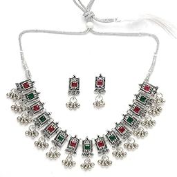 Charming Oxidised Rhodium Silver Plated Red Green Adjustable Choker Necklace Set with Studs Earrings Jewellery Set For Women & Girls|Set of 1|NS106047-image-48