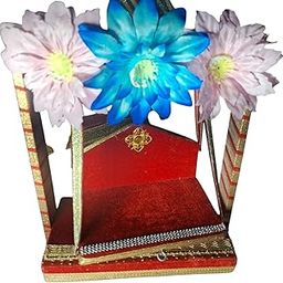Decorative Krishna Jhula Swing with Artificial Flowers, Red and Gold Temple Design, Crystal Trim-image-65