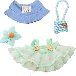 4Pcs Set Plush Toy, Clothes for Doll for Labubu(No Doll) Green Love Strap Skirt Small Flower Hair Accessories Blue Rabbit Logo Hat and Blue Small Backpack Suitable for 17cm Dolls-image-11