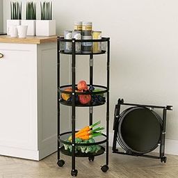 Folding Kitchen Storage Rack, 3 Tier Round Collapsible Storage Rack Shelf with Wheels, Utility Rolling Carts Fruit Vegetable Storage Basket No Assembly for Kitchen, Bathroom, Living Room, Office-23