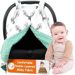 Dear Baby Gear Deluxe Carseat Canopy, Custom Minky Print Girl Antler Flowers Mint Green Minky Dot-21