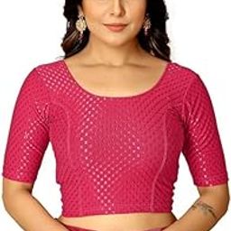 Round Neck Dobby Cotton Lycra Stretchable Elbow Half Sleeve Readymade Saree Blouse for Women Stylish-image-25