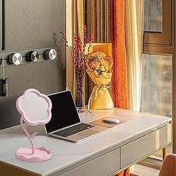draval Adjustable Pink Flower Mirror for Makeup | Cute Tabletop Vanity Mirror with Storage Tray | Desk Decor Gift for Girls-image-88