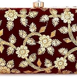 Women Handicraft Hand Embroidered Box Clutch Bag Purse for Bridal, Casual, Wedding (Maroon Flower)-4