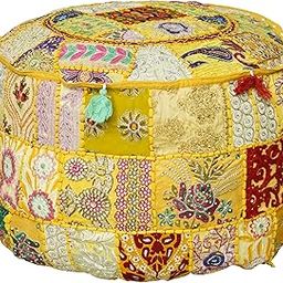 iinfinize Ottoman Pouffe Rajasthani Art Decorative Pouf Cover Patchwork Pouffy Footstool Mudda Cotton Pouffe Floral Design Embroidered Bean Bag Pouffe Round Sitting Pouffe - 16X16X13 Inch Yellow-image-99
