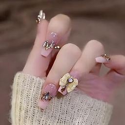 Secret Lives Transparent Bottom Reuable Artificial Fake False Baby Pink Color with Silver Glitter 3D Bow & Crystals Press on Nails 24 Pieces with Kit-31