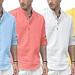 zombom Combo of Men's Solid Cotton Blend Full Sleeve Mandarin/Chinese Collor Straight Kurta (Pack of 4)-picture-12