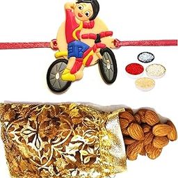 Shiva Rakhi for Kids with Gift Designer Badam Potli 150gms, Tikka, Personal Message & Roli Chandan Chawal Mishri Pack for Little Small Bhai Bhaiya-image-82
