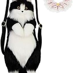 CALANDIS™ Cute Cat Plush Backpack Lifelike Lovey Animals Backpack for Girls Kids Women With Pink Scarf-image-51
