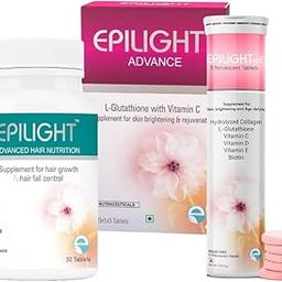 EPILIGHT Advance L-Glutathione Tablets With Vitamin C, EPILIGHT Advance Hair Nutrition Tablets & EPILIGHT Collagen, L-glutathione Effervescent Tablets Bundle, Support Skin Glow & Hair Growth - Combo-7