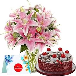 EG2i 1 Pink Lilies in Glass Vase with 500Gm Red Velvet Cake for Birthday | Anniversary | Mother's Day | Same day delivery-image-78