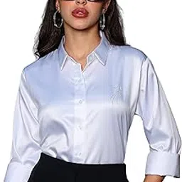 indoprimo Women's Spread Collar Stylish Western Solid Satin Silk Casual Shirt-picture-38