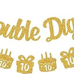 Festiko Double Digits 10Th Birthday Banner - Happy 10Th Birthday Decorations 10 Year Birthday Decorations For Kids 10Th Birthday Decors 10Th Anniversary Party Supplies (Double Digits-Gold)-image-3