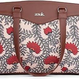 Printed Vegan Leather Women's Office Work Bag Brown With Double Handles Strap-image-18