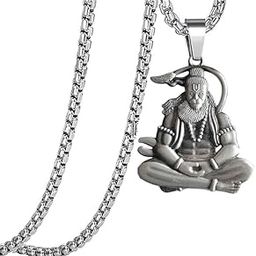 Hindu Lord Bajrangbali Hanuman idol Monkey God of Devotion Locket With Link Chain Silver Zinc Metal Pendant Necklace For Men And Women-image-81