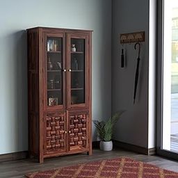 TreeWalley Sheesham Wood Sideboard Crockery Cabinet with 2 Glass Door | Wooden Bookshelf with 2 Door Cabinet Storage | Kitchen Display Unit | Wardrobe | Cupboard Organiser | Clothes Organizer | Honey-image-6
